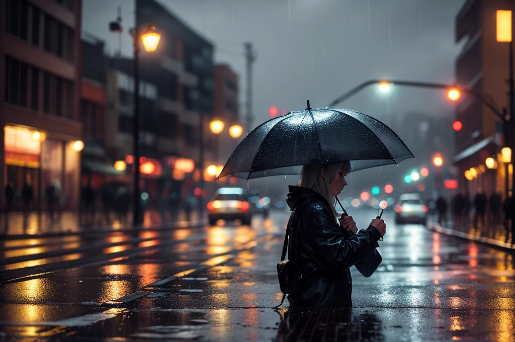 rainy night in a semi-lit city 