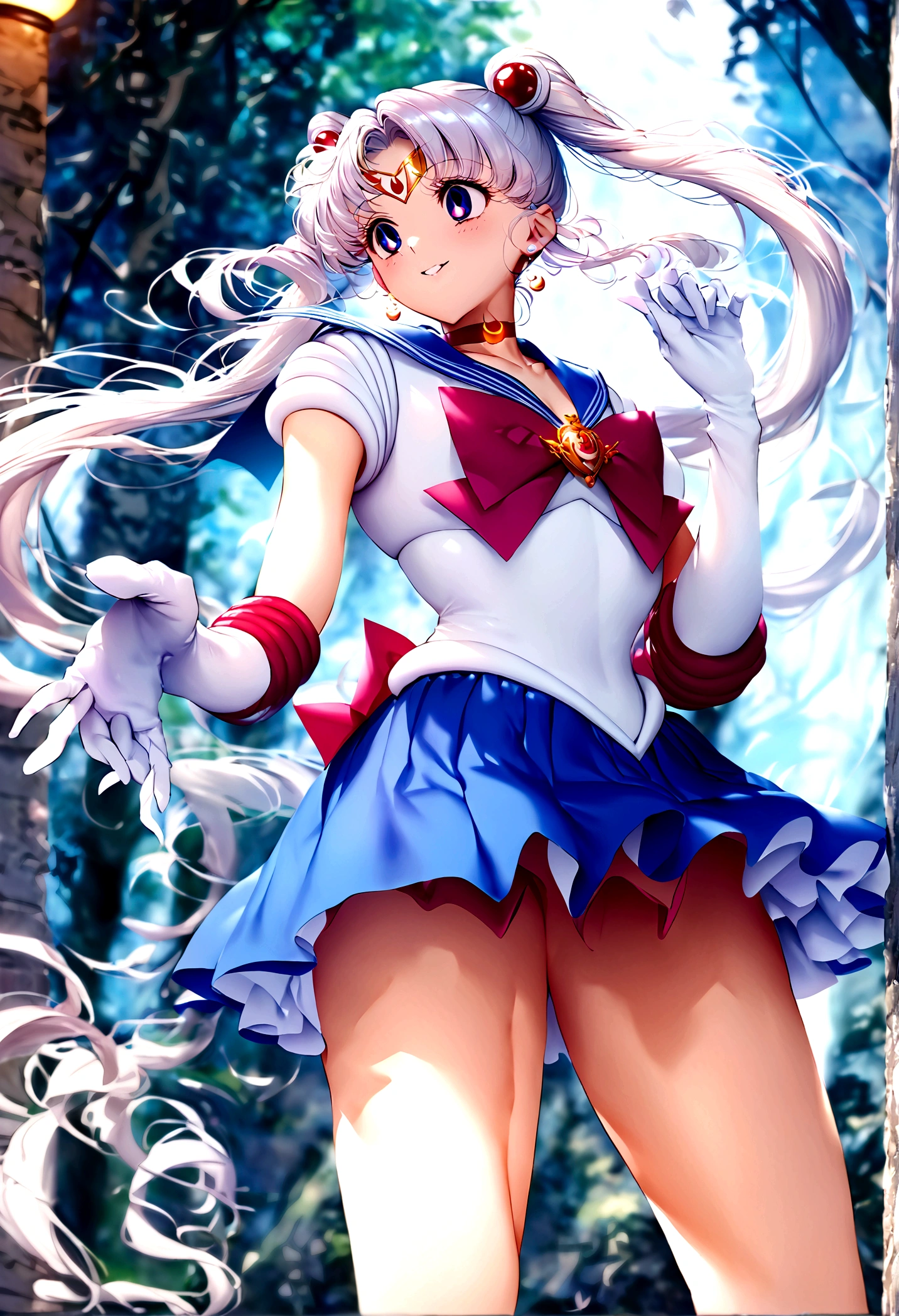 (masterpiece, Highest quality, so beautiful, Very detailed), Intricate details, 12k, Honestly, Long Hair, Double Bang, Twin tails, Parted bangs, tiara, Earrings, Red eyes, Red choker, Blue sailor collar, Red Bow, White shirt, - Elbow hand pockets, White gloves, Blue Skirt, Are standing, Cowboy Shot,,(Wicked Smile:1.2), One girl,(Silver Hair:1.4),(Hollow Eyes,:1.4),From below,Watching the dawn,Dark aura,View your audience