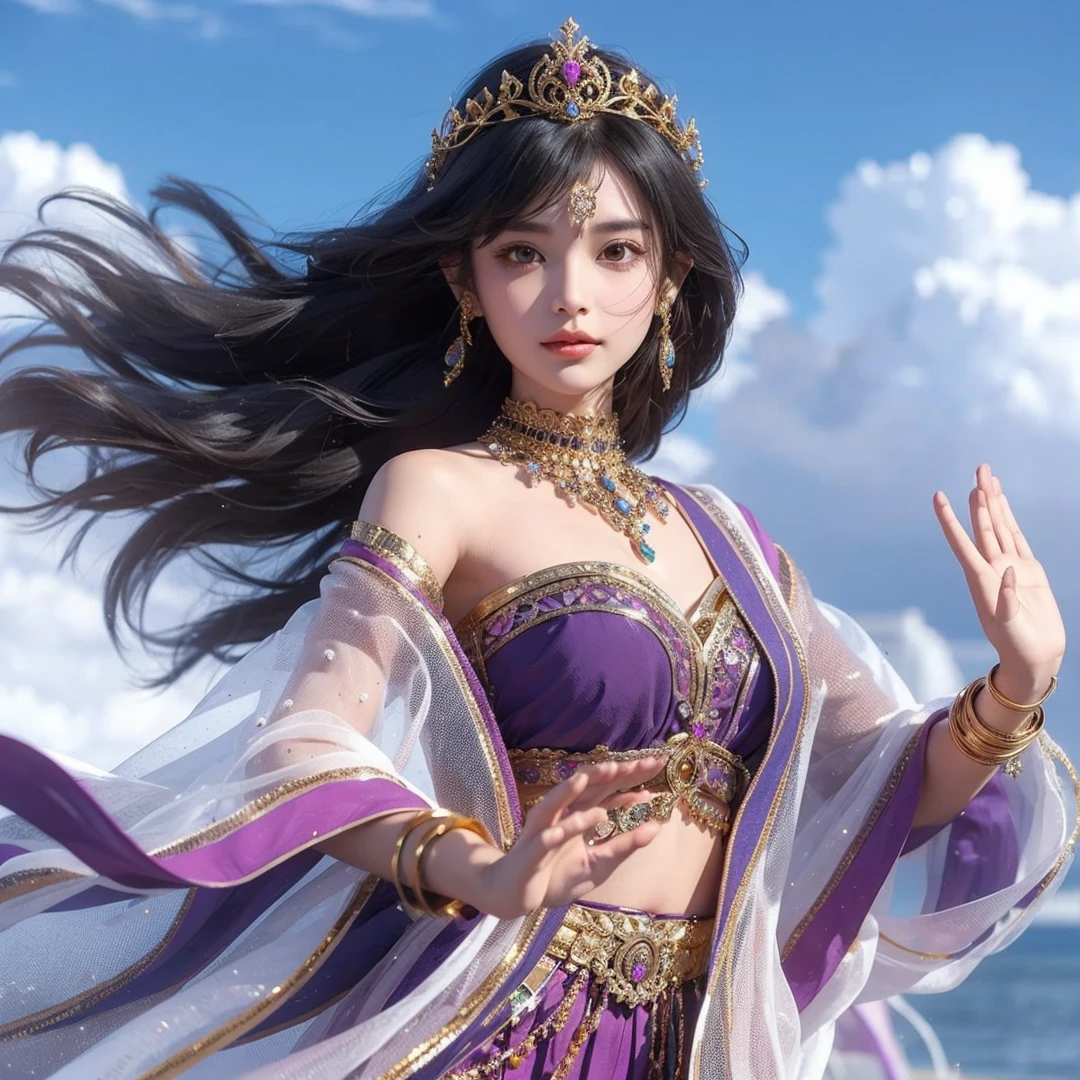 Beautiful girl, black hair, brown eyes, wearing gold crown, wearing gold necklace, wearing purple loin cloth