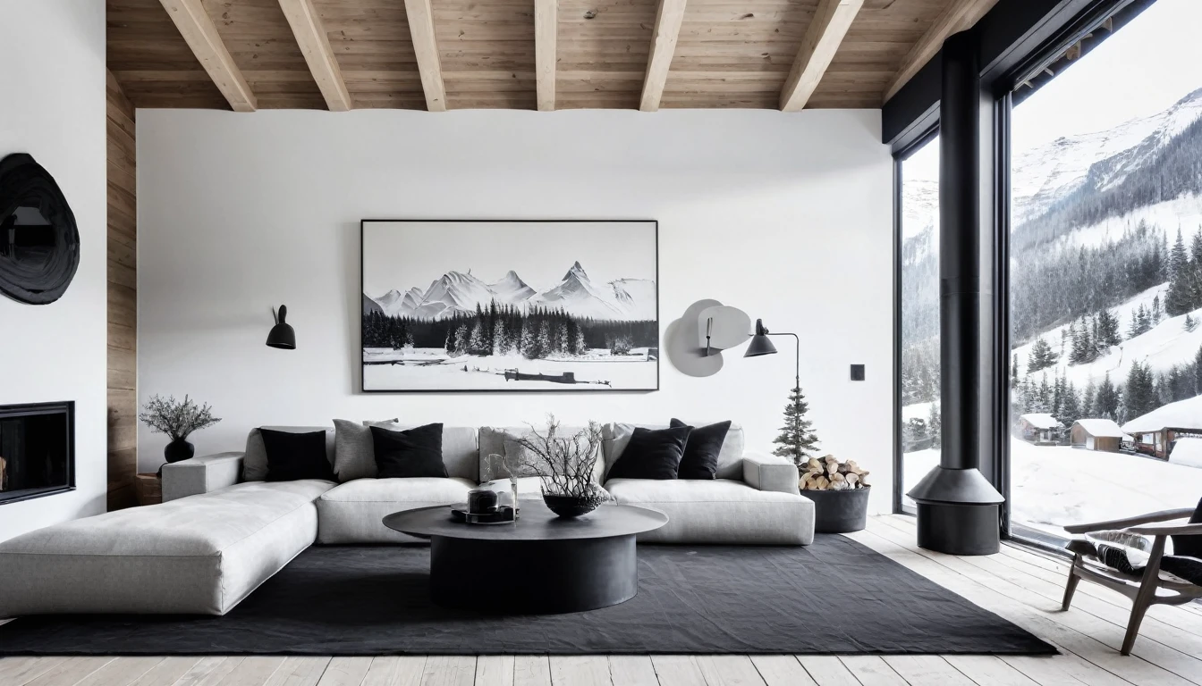 Minimalist modern chalet living room with black and white Nordic decoration painting