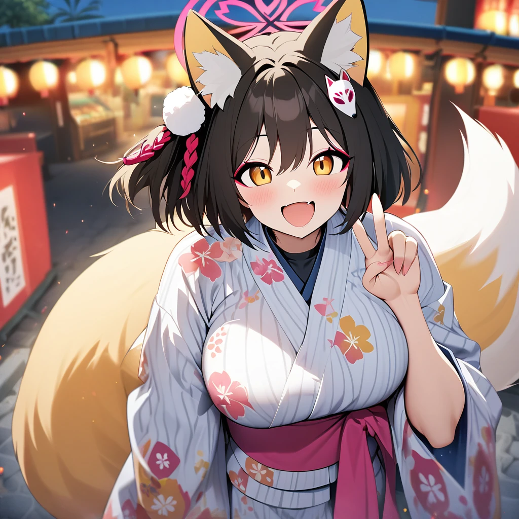 izuna(blue archive),1girl,solo,halo,Females in heat,open mouth,smile,fox ear,one Light brown thick tail,yukata,Peace sign with right hand,super huge breasts,near,looking at viewer,Happy,summer festival