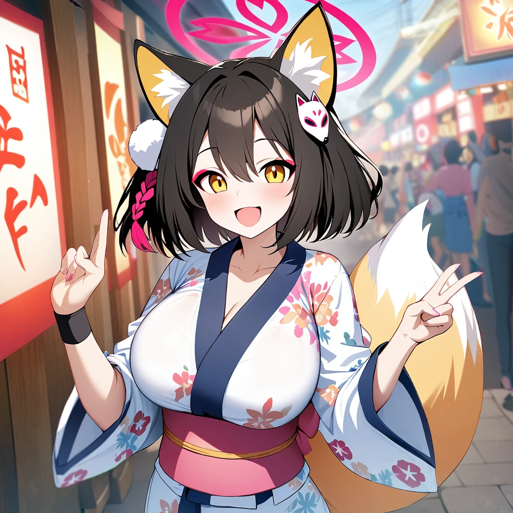 izuna(blue archive),1girl,solo,halo,Females in heat,open mouth,smile,fox ear,one Light brown thick tail,yukata,Peace sign with right hand,super huge breasts,near,looking at viewer,Happy,summer festival