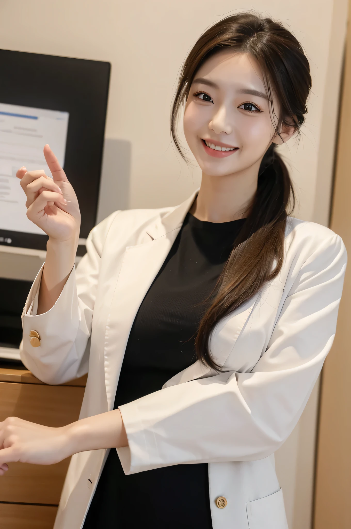 (highest quality 8k masterpiece:1.3) beautiful woman with perfect figure:1.4,pharmacist outfit,large breasts,beautiful face,double eyelid,smiling,medium hair,hospital,high quality,low ponytail	
