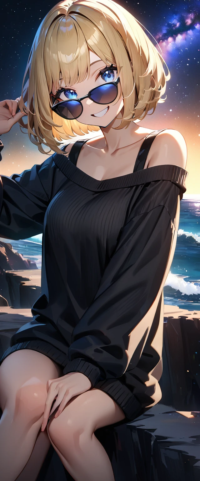 ((grin)), ((off-shoulder sweater:1.3, Quite thick shoulder straps)), ((black sweater)), ((blond hair, bob cut:1.3)), ((sunglasses, hand to sunglasses)), (((from side))), ((((upper body)))), bare legs, ((Leaning to side)), (((a beautiful starry sky, the Milky Way shining beautifully in the night))), ((sitting on the very high cliff)), wavy hair, inward curled hair, ((sea, nature)), breasts, teenager, (looking at viewer), oversized clothes, puffy long sleeves, collarbone, head tilt:1.3, (((blue eyes))), happy smile, (((anime style))), (best quality, 4K, 8K, highres, masterpiece:1.2, ultra-detailed, ultra-detailed eyes, HDR, uhd, studio lighting, ultra-fine painting, sharp focus, physically-based rendering, extreme detail description, professional, vivid colors, bokeh)