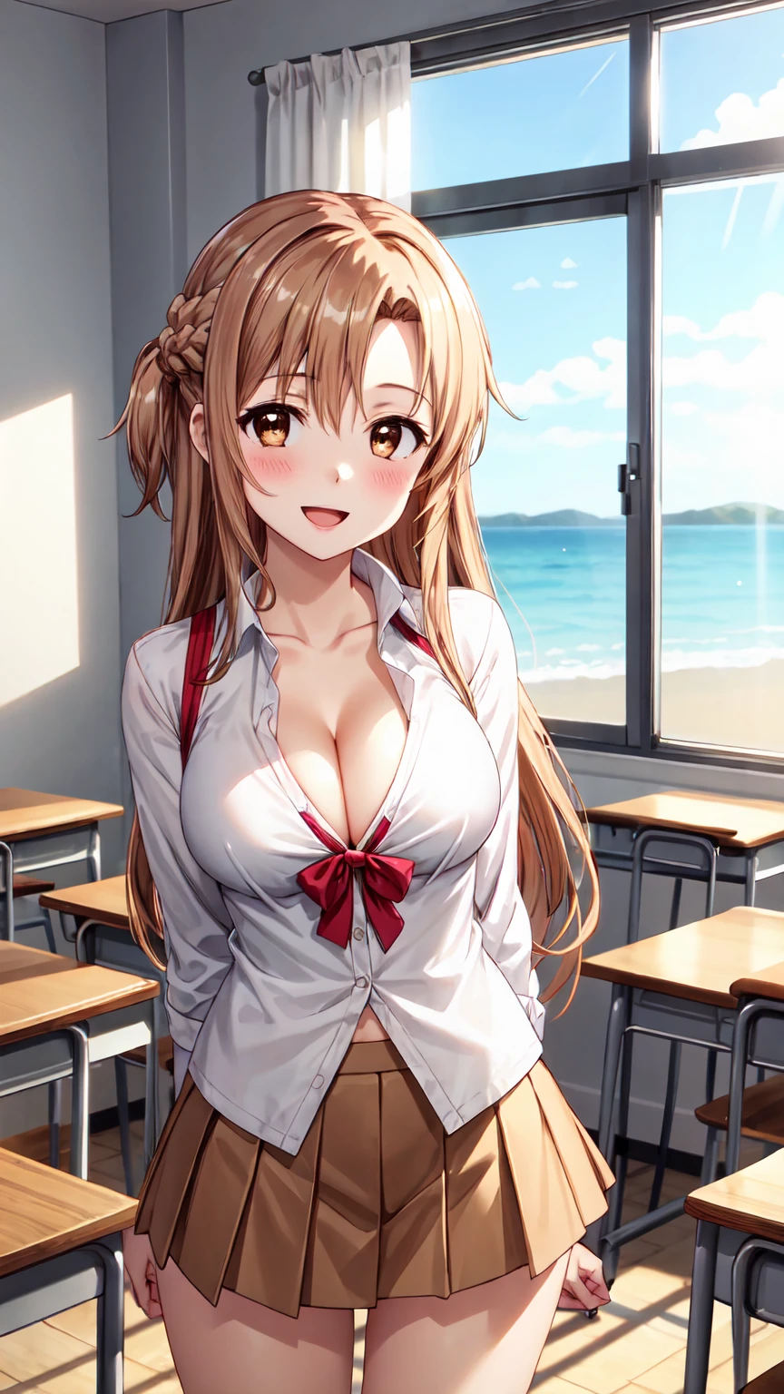 Masterpiece ,best quality , high resolution , (1 girl solo:1.38) , (asuna , brown hair , braid , brown eyes , long hair) , (cleavage:1.2) , (medium breast:1.28) , ( wear miniskirt , uniform , bow knot) , (cleavage:1.15) , (big breast:1.1) , (face view , front view , from front , look at view ) , (indoor , in classroom , windows , table) , (arms behind back , hands behind back) , (standing in sea , thighs ) , ( smile , open mouth , full face blush , shy )