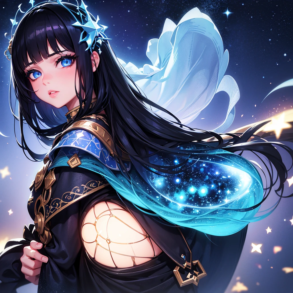 1girl, beautiful detailed eyes, beautiful detailed lips, extremely detailed face, long eyelashes, kawaii aesthetic, blue eyes, black hair with bangs, starry night sky, fantasy, cosmic, ethereal, dreamlike, vibrant colors, glowing, cinematic lighting, 8k, high resolution, intricate details, masterpiece