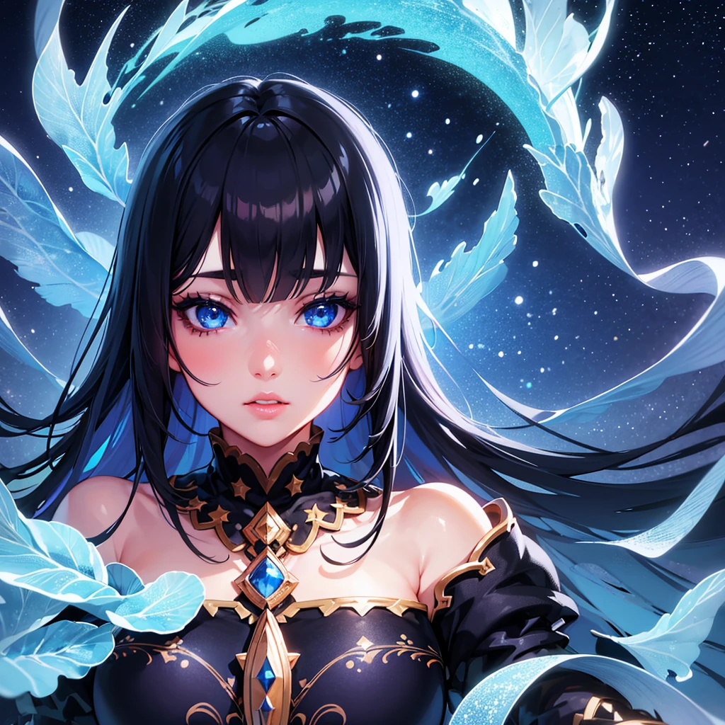 1girl, beautiful detailed eyes, beautiful detailed lips, extremely detailed face, long eyelashes, kawaii aesthetic, blue eyes, black hair with bangs, starry night sky, fantasy, cosmic, ethereal, dreamlike, vibrant colors, glowing, cinematic lighting, 8k, high resolution, intricate details, masterpiece