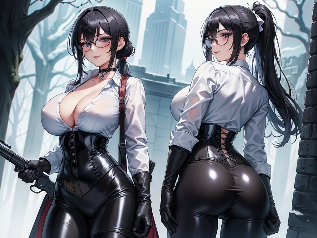 Masterpiece, Beautiful art, professional artist, 8k, art style by sciamano240, Very detailed face, Detailed clothing, detailed fabric, 2 girls, view from behind, perfect ass, perfectly drawn body, fighting pose, beautiful face, big breasts, black hair short ponytail, blue eyes, very detailed eyes, pink cheeks, smug expression with smile, glasses, choker:1.6, (long sleeve white collar buttoned shirt), black gloves, gloves covering hands, (holding an AK-47), (black leather corset), (shiny black leggings), sensual lips , evening de invierno, show details in the eyes, view from front, looking at the viewer, dark path, dark forest, evening, Atmosphere, fog