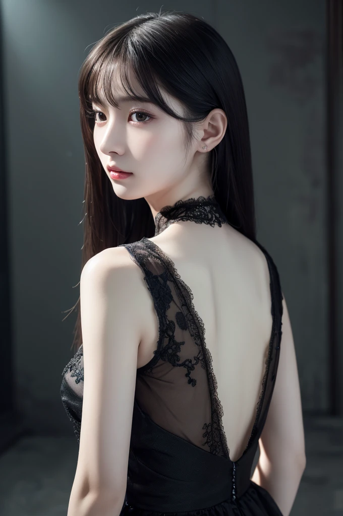 detailed, (realistic, photo realistic:1.37), portrait, high detail RAW color photo, an extremely delicate and beautiful, extremely detailed, extremely detailed skin, Chinese,realistic face, Pale skin,Black hair, super long hair, dark brown lipstick, See-through dress, dark atmosphere,ghostly face,Back light