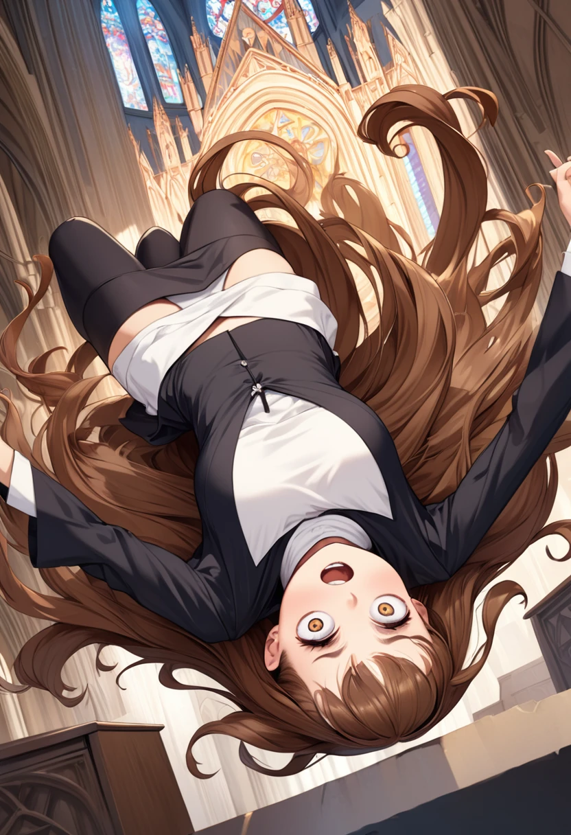 detailed illustration, dynamic angle, ultra-detailed, illustration, 1girl, 18 year old, school girl, wavy brown hair, long hair, bright brown eyes, horrofied, shocked look, wide eyes, amazed eyes, blush, flush, orgasm, cumming, surprised, nun outfit, cathedral, cleavage, panties