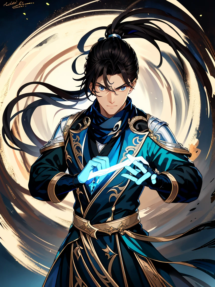 a painting that represents the nature of magic in his world，Black hair with high ponytail，blue eyed protagonist，There is a mysterious black mark on the neck，Blackn clothes，Immerse yourself in a barrage of magical energy，Normal hands，Glowing particles dance around him，Mysterious symbols formed in the sky，In a blue mysterious space， tmasterpiece， Best quality at best， ultra - detailed， lamplight， 8k resolution concept art， Fantasyart， epic art， 4K concept art wallpaper，deep colour，natural  lightting，magic vortex