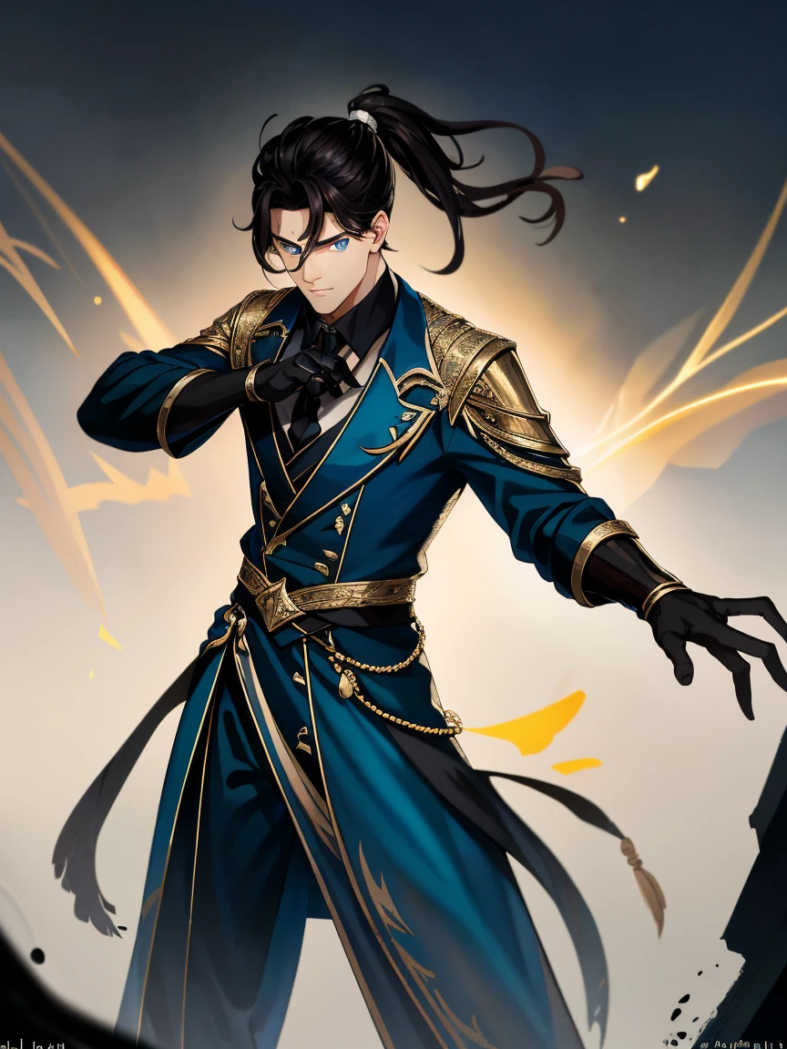 a painting that represents the nature of magic in his world，Black hair with high ponytail，blue eyed protagonist，There is a mysterious black mark on the neck，Blackn clothes，Immerse yourself in a barrage of magical energy，Normal hands，Glowing particles dance around him，Mysterious symbols formed in the sky，In a blue mysterious space， tmasterpiece， Best quality at best， ultra - detailed， lamplight， 8k resolution concept art， Fantasyart， epic art， 4K concept art wallpaper，deep colour，natural  lightting，magic vortex