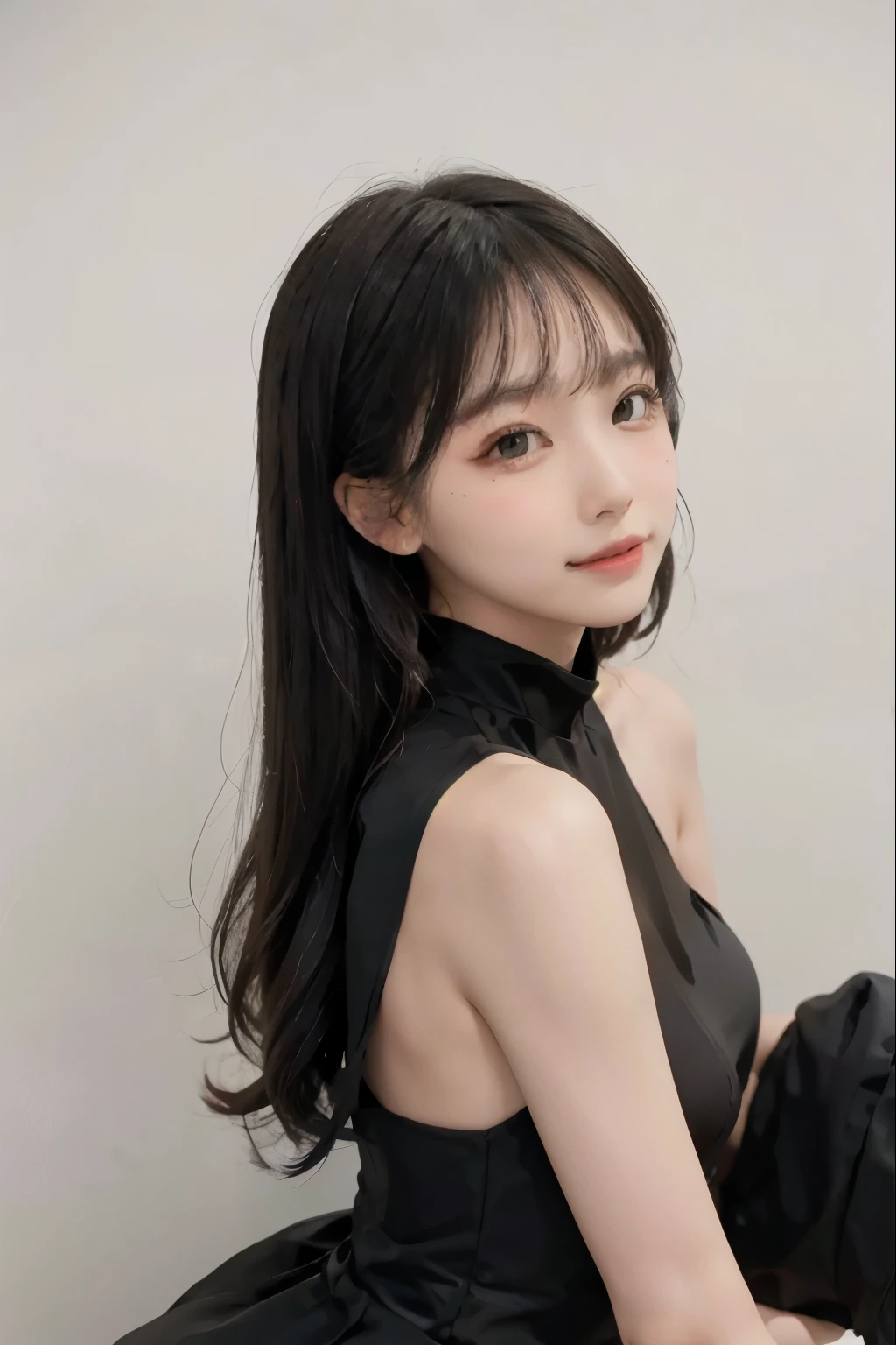 1 woman, black formal dress, white background,