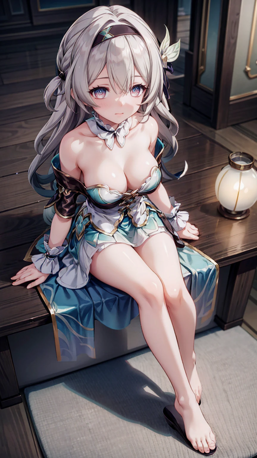 Bandeau skirt, best quality, masterpiece, 1 Girl, Solitary, Medium breasts, Bangs, Hairpin, Hair accessories, , silver Long hair, black _ hair band, X-shaped , hair band,, bangs, bare shoulder, black stockings, Bare feet,White lace skirt,Dreamy scene