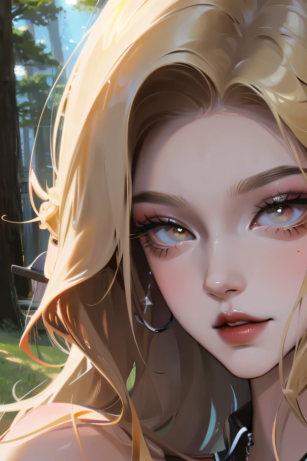 Close-up portrait, Sexy SS blonde hair, parted Lips, Lips, Casual wear, Looking at the audience, Forest Background, Sunset Lights, Practical