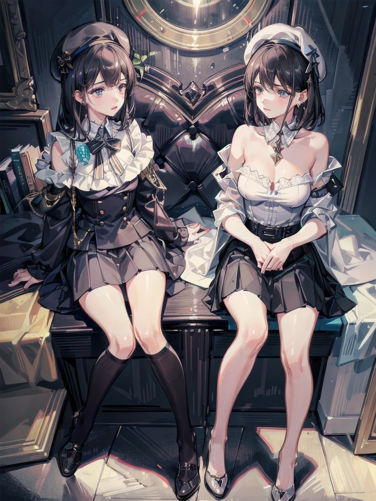 absurdres, RAW photo, extremely delicate and beautiful, masterpiece, Best Quality, ultra high resolution, 32k, hyperrealistic, ultra-detailed, delicate facial features, beautiful detailed woman, tearful mole, earring, medium breasts, full body shot, medium hair, black hair, 2 girls, yuri, beret, skirt, military uniform,