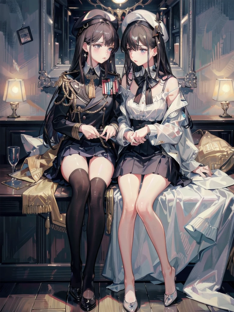 absurdres, RAW photo, extremely delicate and beautiful, masterpiece, Best Quality, ultra high resolution, 32k, hyperrealistic, ultra-detailed, delicate facial features, beautiful detailed woman, tearful mole, earring, medium breasts, full body shot, medium hair, black hair, 2 girls, yuri, beret, skirt, military uniform,