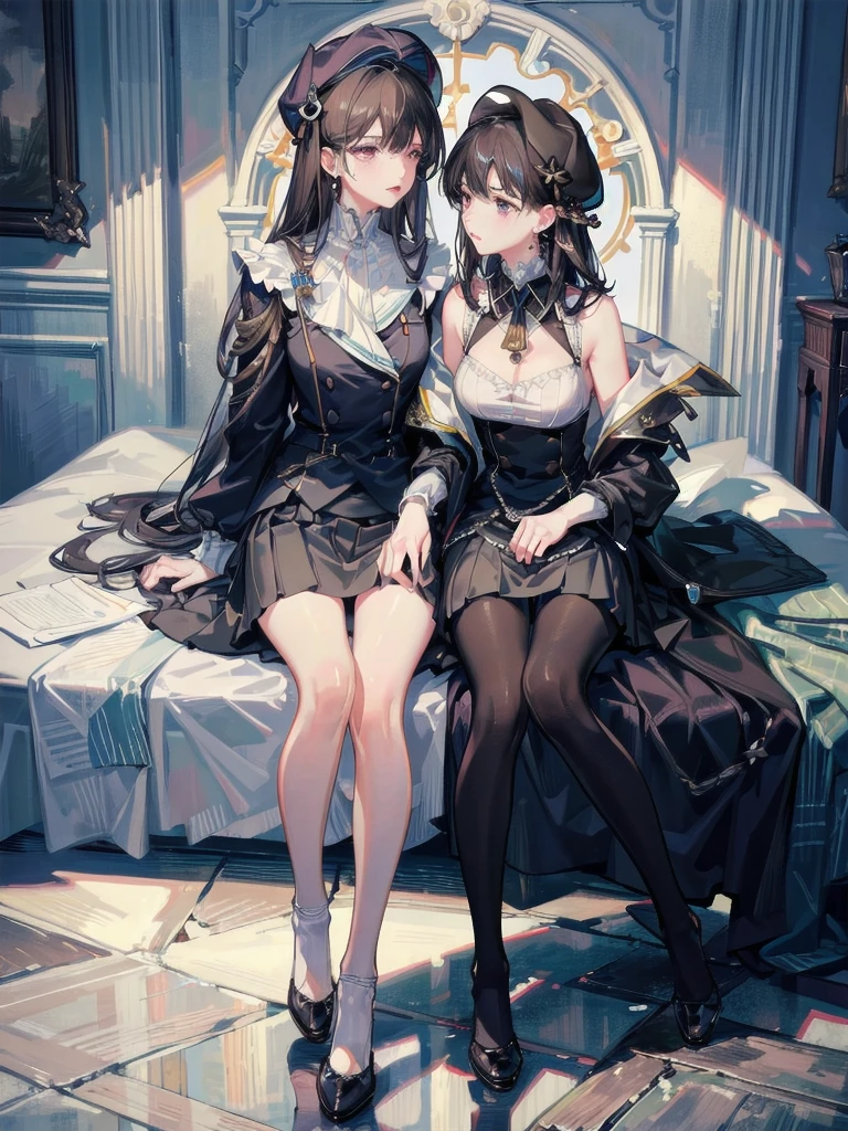 absurdres, RAW photo, extremely delicate and beautiful, masterpiece, Best Quality, ultra high resolution, 32k, hyperrealistic, ultra-detailed, delicate facial features, beautiful detailed woman, tearful mole, earring, medium breasts, full body shot, medium hair, black hair, 2 girls, yuri, beret, skirt, military uniform,