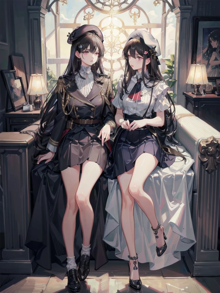 absurdres, RAW photo, extremely delicate and beautiful, masterpiece, Best Quality, ultra high resolution, 32k, hyperrealistic, ultra-detailed, delicate facial features, beautiful detailed woman, tearful mole, earring, medium breasts, full body shot, medium hair, black hair, 2 girls, yuri, beret, skirt, military uniform,