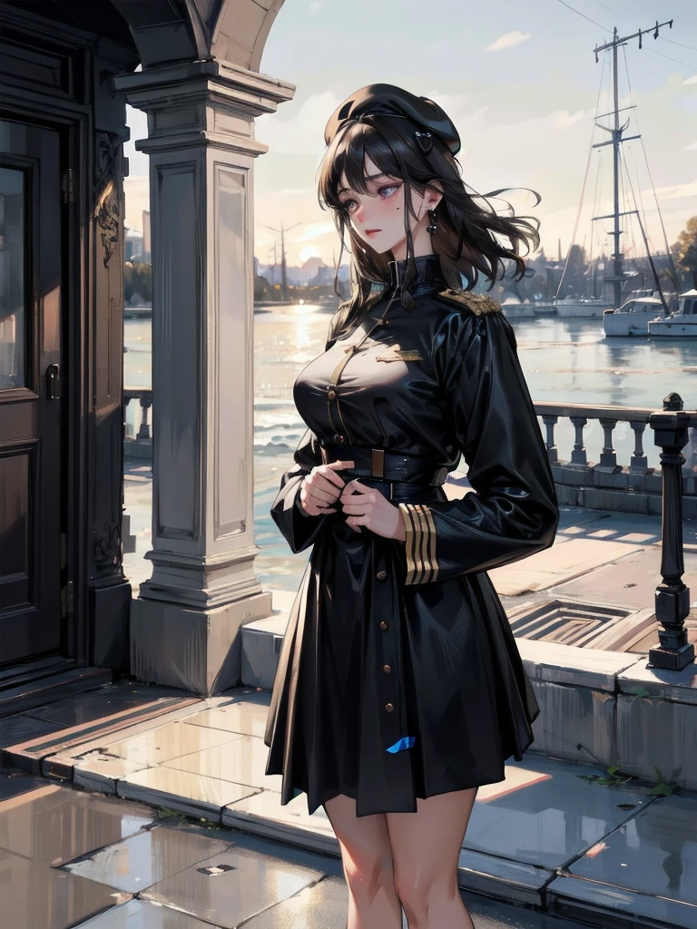 absurdres, RAW photo, extremely delicate and beautiful, masterpiece, Best Quality, ultra high resolution, 32k, hyperrealistic, ultra-detailed, delicate facial features, beautiful detailed woman, tearful mole, earring, medium breasts, full body shot, medium hair, black hair, 2 girls, yuri, beret, skirt, military uniform,