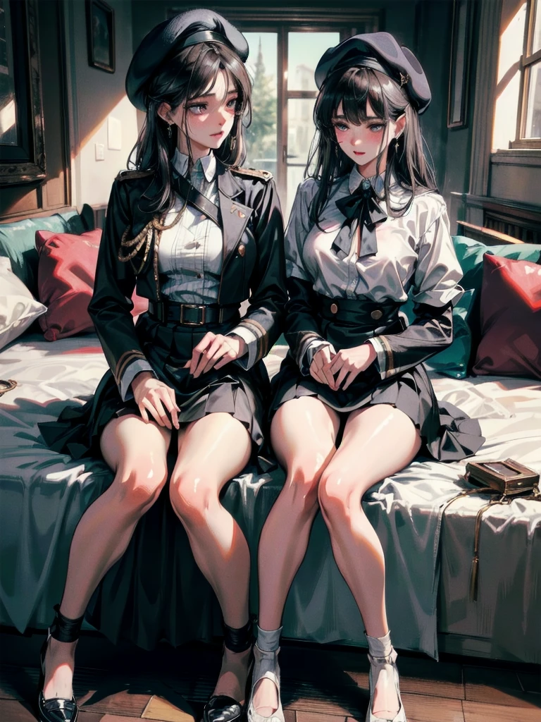 absurdres, RAW photo, extremely delicate and beautiful, masterpiece, Best Quality, ultra high resolution, 32k, hyperrealistic, ultra-detailed, delicate facial features, beautiful detailed woman, tearful mole, earring, medium breasts, full body shot, medium hair, black hair, 2 girls, yuri, beret, skirt, military uniform,