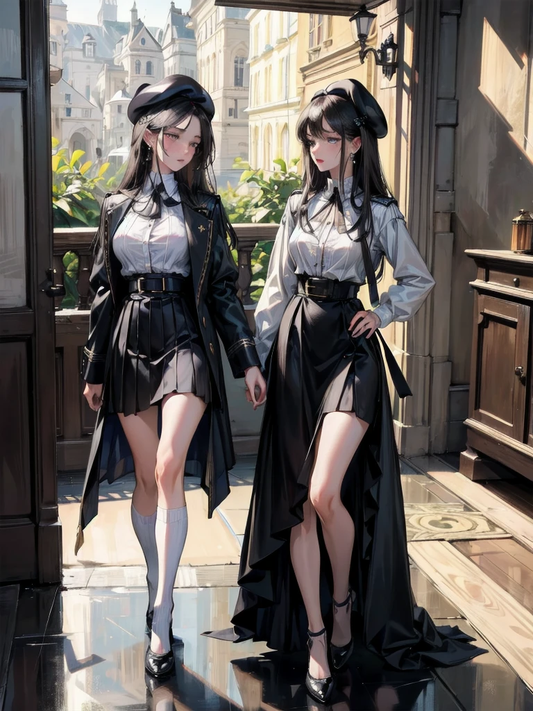 absurdres, RAW photo, extremely delicate and beautiful, masterpiece, Best Quality, ultra high resolution, 32k, hyperrealistic, ultra-detailed, delicate facial features, beautiful detailed woman, tearful mole, earring, medium breasts, full body shot, medium hair, black hair, 2 girls, yuri, beret, skirt, military uniform,