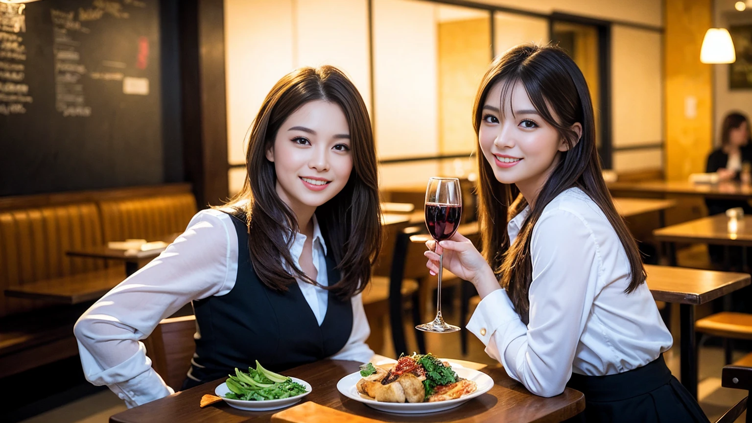 ((Highest quality、8K、masterpiece:1.3))、slimカップル、modelカップル、(Realistic, Intricate details:1.2), full-course dinner、Wine Party、Amazing view of the sunset sky and clouds、A bright smile、The wonderfulness of smile、Bright image、The beauty of wine, Beautiful Face, blue eyes, The light shines on your face, Blushing, short hair,Bright Face、 (Age 37), 39 years old, red wine 、Appetizers、Italian food、Wine bottle、Champagne、sparkling wine、Two beauties、Brown Hair、Shortcuts、Long sleeve shirt、dress、Beautiful woman 1, (slimな顔), (The body is slim), (Brown Hair), (Shortcuts), cheeks turn a little red,Attractive beauty、restaurant, In a prominent place (From the waist up) Nova Frog Style, actress, model, Upper Body, White wine, slim, wine glass, 中央に置かれたwine glass, smile, (smile: 1.15), Beautiful fine grain, Depth f/2,saturation, High Contrast, Strong light and shadow,Moist Body:1.5、3D texture、Delicate eyes、Brown Hair、The hair is very shiny、
