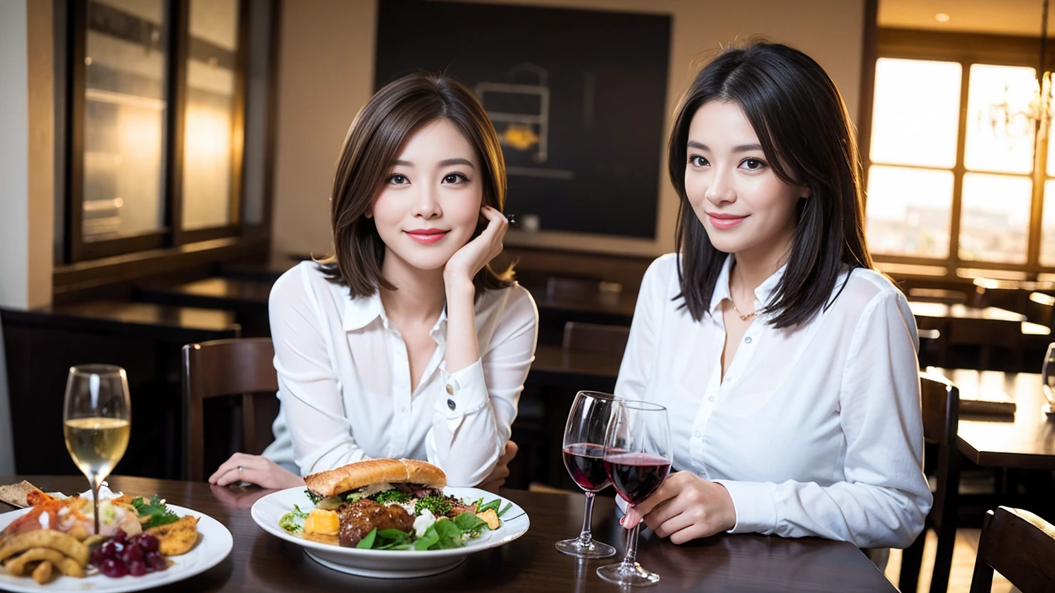 ((Highest quality、8K、masterpiece:1.3))、slimカップル、modelカップル、(Realistic, Intricate details:1.2), full-course dinner、Wine Party、Amazing view of the sunset sky and clouds、A bright smile、The wonderfulness of smile、Bright image、The beauty of wine, Beautiful Face, blue eyes, The light shines on your face, Blushing, short hair,Bright Face、 (Age 37), 39 years old, red wine 、Appetizers、Italian food、Wine bottle、Champagne、sparkling wine、Two beauties、Brown Hair、Shortcuts、Long sleeve shirt、dress、Beautiful woman 1, (slimな顔), (The body is slim), (Brown Hair), (Shortcuts), cheeks turn a little red,Attractive beauty、restaurant, In a prominent place (From the waist up) Nova Frog Style, actress, model, Upper Body, White wine, slim, wine glass, 中央に置かれたwine glass, smile, (smile: 1.15), Beautiful fine grain, Depth f/2,saturation, High Contrast, Strong light and shadow,Moist Body:1.5、3D texture、Delicate eyes、Brown Hair、The hair is very shiny、