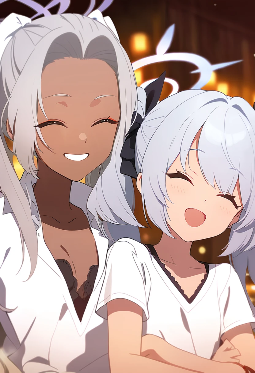iori, blue archive, smiling, closed eye, silver hair, twintail, v neck, cute, dark skin
