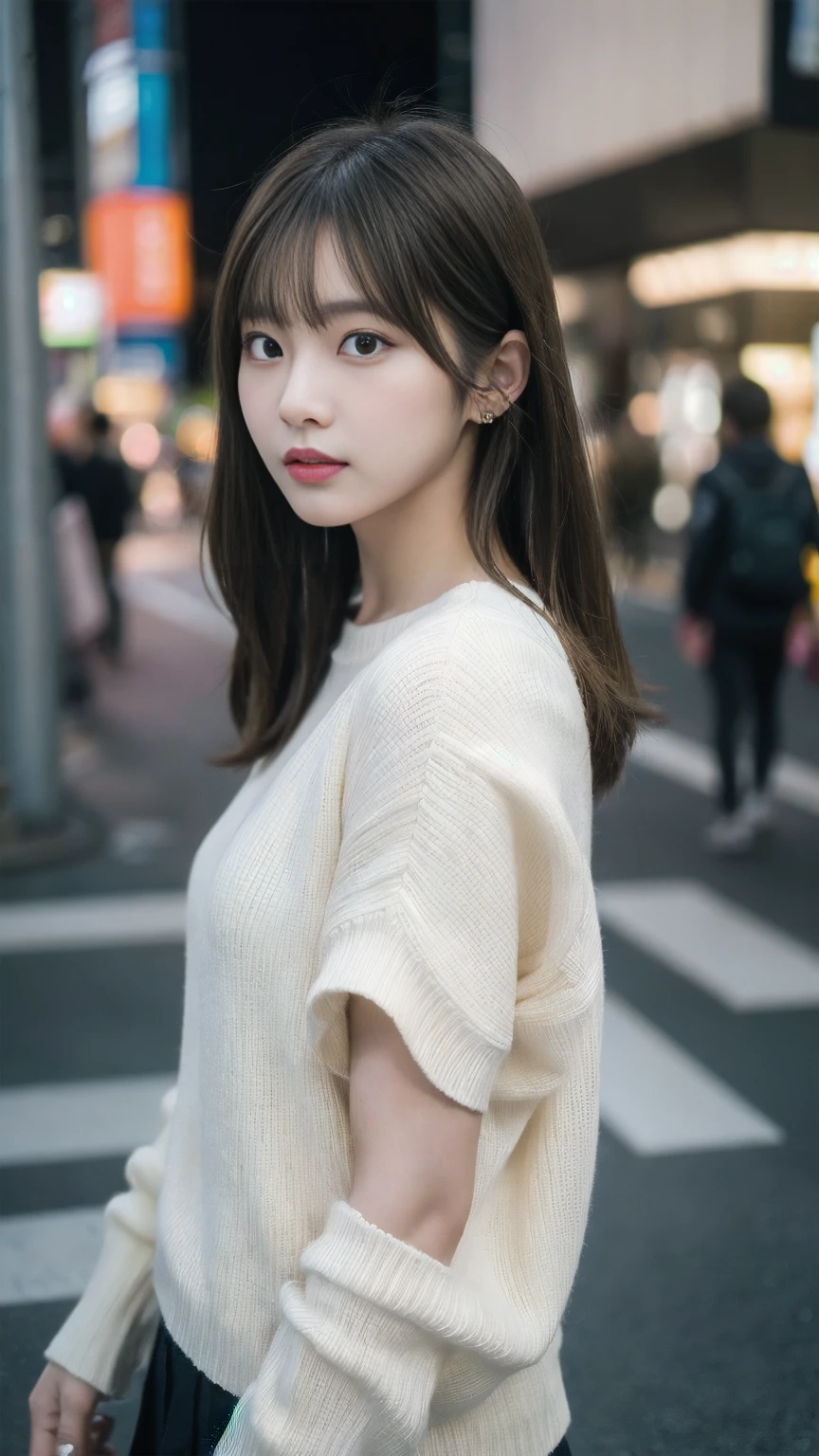 Ultra-high resolution, Superior Quality, Highest quality, Super detailed, Realistic, 8K, RAW Photos, Highest quality, masterpiece, Attractive girl, A wonderful girl, Brown Hair, Shoulder-length layered, Asymmetrical bangs, K-Pop Idols, Sophisticated, stylish, White knit, Shibuya Ward,