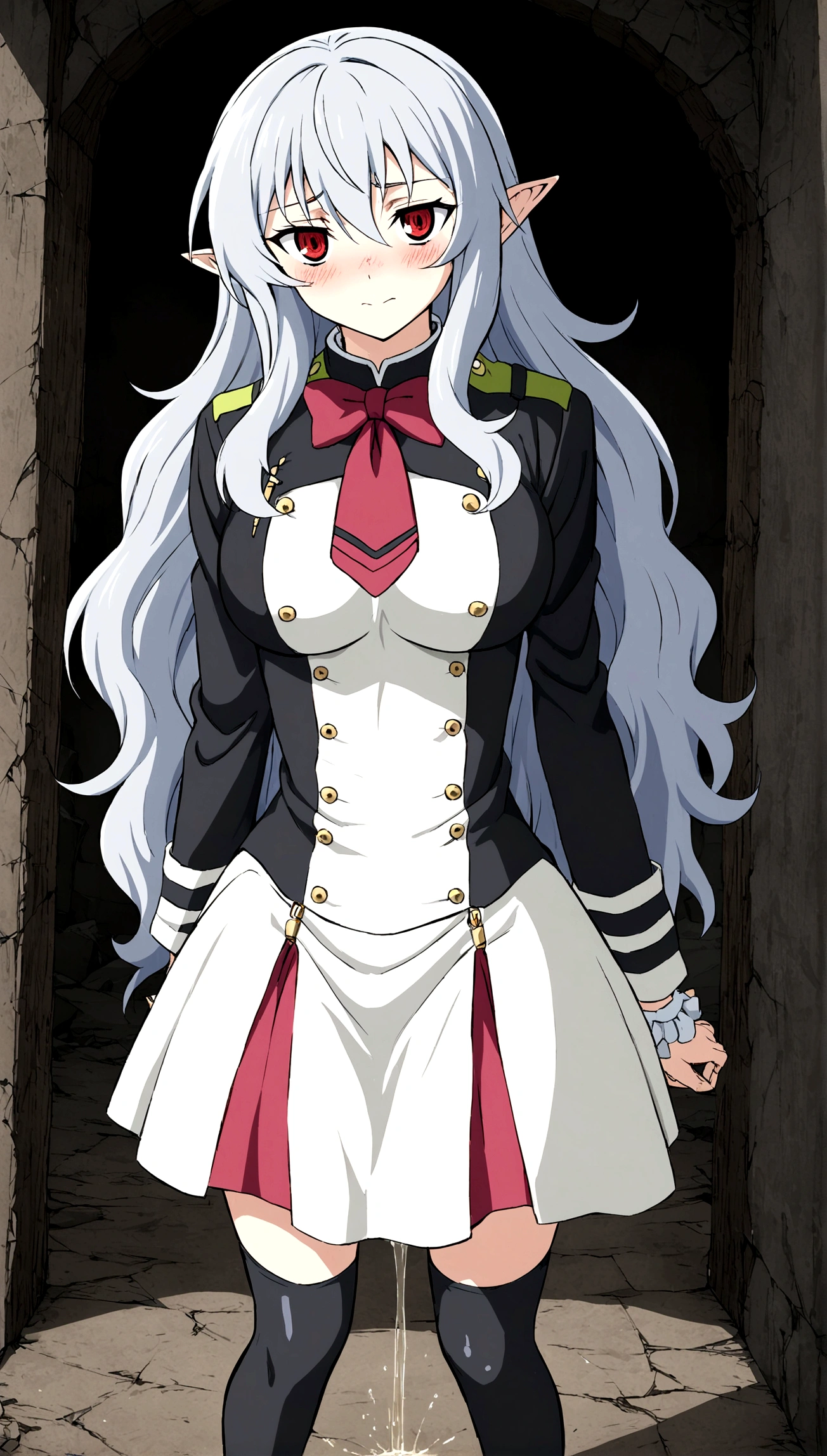 Anime. Owari no Seraph. 1 Girl. Dear . A vampire. Progenitor Clumsy. Silver hair. Wavy hair. Long hair. Red eyes. Beautiful eyes. Perfect eyes. Expressive eyes. Ideal face. Perfect body. Beautiful long ones. legs. Beautiful nose. 18 years. Big breasts. Standing. Full length Beautiful character design. Shiny skin. Pointy ears. White dress. Vampire uniform dress from
Owari no Seraph. Black stockings. Heeled shoes. Urinary incontinence. She wants to pee. She needs to pee. She has a strong, desperate urge to pee. Hand on crotch. He squeezes his crotch tightly. Rubs the crotch. The girl can't stand straight. Knees together, feet apart. She peed herself. Urine runs down my thighs. Ruins of Tokyo. Full body. NSWF. Official art. Extremely detailed CG Unity 8k wallpaper. Ideal lighting. Ultra high resolution 4K. Super detailed 8K. A high resolution.