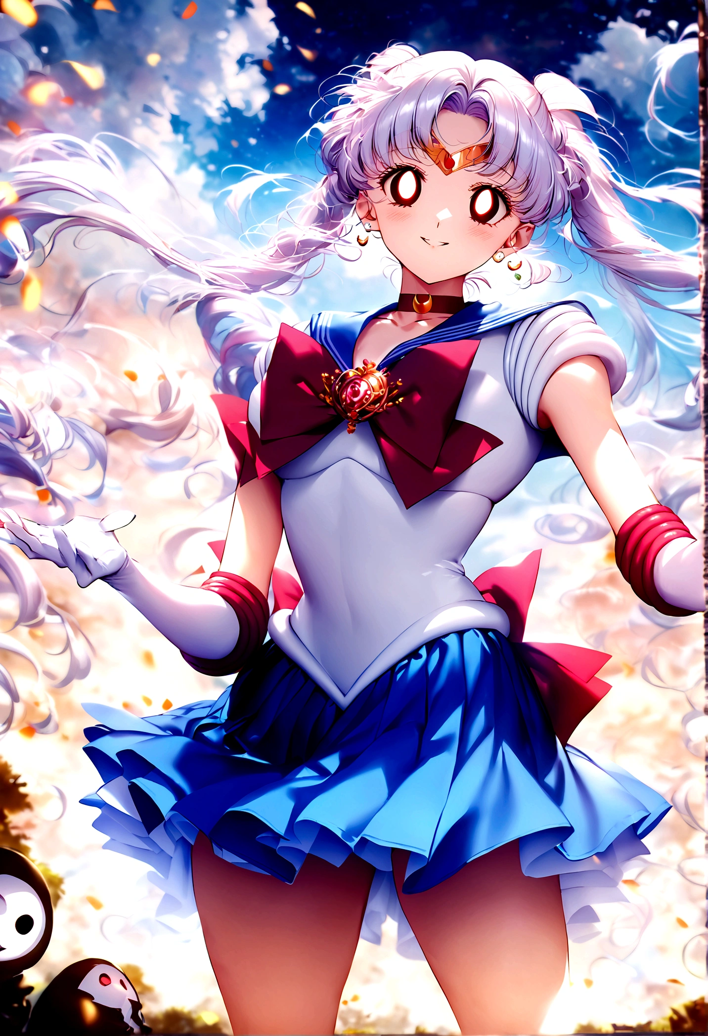 (masterpiece, Highest quality, so beautiful, Very detailed), Intricate details, 12k, Honestly, Long Hair, Double Bang, Twin tails, Parted bangs, tiara, Earrings, Red eyes, Red choker, Blue sailor collar, Red Bow, White shirt, - Elbow hand pockets, White gloves, Blue Skirt, Are standing, Cowboy Shot,,(Wicked Smile:1.2), One girl,(Silver Hair:1.4),(Hollow Eyes,:1.4),From below,Watching the dawn,Dark aura,View your audience