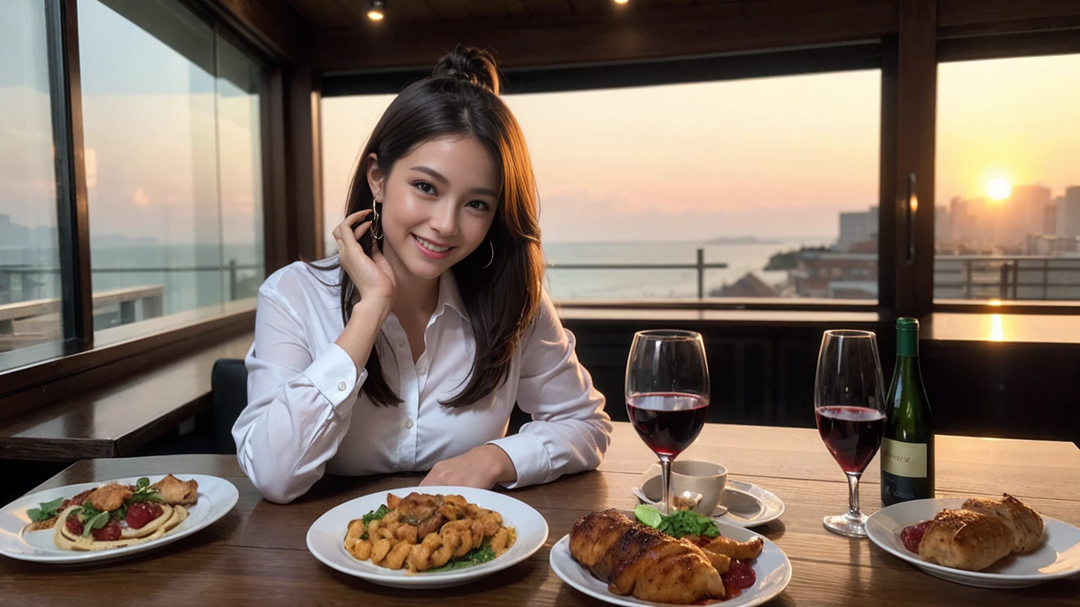 ((Highest quality、8K、masterpiece:1.3))、slimカップル、modelカップル、(Realistic, Intricate details:1.2), full-course dinner、Wine Party、Amazing view of the sunset sky and clouds、A bright smile、The wonderfulness of smile、Bright image、The beauty of wine, Beautiful Face, blue eyes, The light shines on your face, Blushing, short hair,Bright Face、 (Age 37), 42 years old, red wine 、Appetizers、Italian food、Wine bottle、Champagne、sparkling wine、Two beauties、Brown Hair、Shortcuts、Long sleeve shirt、dress、Beautiful woman 1, (slimな顔), (The body is slim), (Brown Hair), (Shortcuts), cheeks turn a little red,Attractive beauty、restaurant, In a prominent place (From the waist up) Nova Frog Style, actress, model, Upper Body, White wine, slim, wine glass, 中央に置かれたwine glass, smile, (smile: 1.15), Beautiful fine grain, Depth f/2,saturation, High Contrast, Strong light and shadow,Moist Body:1.5、3D texture、Delicate eyes、Brown Hair、The hair is very shiny、