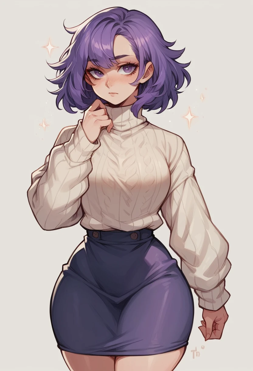 ((Human female Elder r)), solo , purple hair  ,  manga Style ,big wide hips  , wearing skirt , Sweater  ,