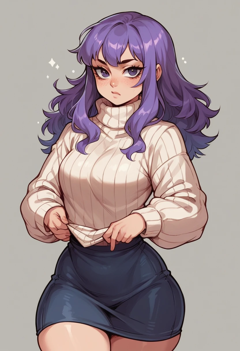 ((Human female Elder ager)), solo , purple hair , manga Style ,big wide hips , wearing skirt , Sweater ,