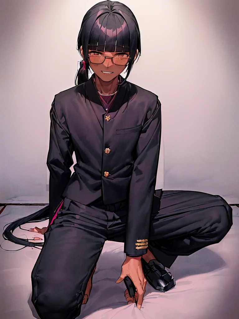 (1 boy solo),(dark skin:1.5) ,20 years old, (black hair:1.3),  (glasses:1.4),  , (straight hair:1.5), (evil smile:1.2) ,long sidelocks, (blush:1.3),(kneeling:1.3),(Put left knee in front:1.5),(japanese boys school uniform gakuran,pants:1.5),spread legs,bend knee,(low long ponytail:1.4),(blunt bangs:1.4), (greaming skin:1.3),(flat_chest),(wide hips:1.3)
