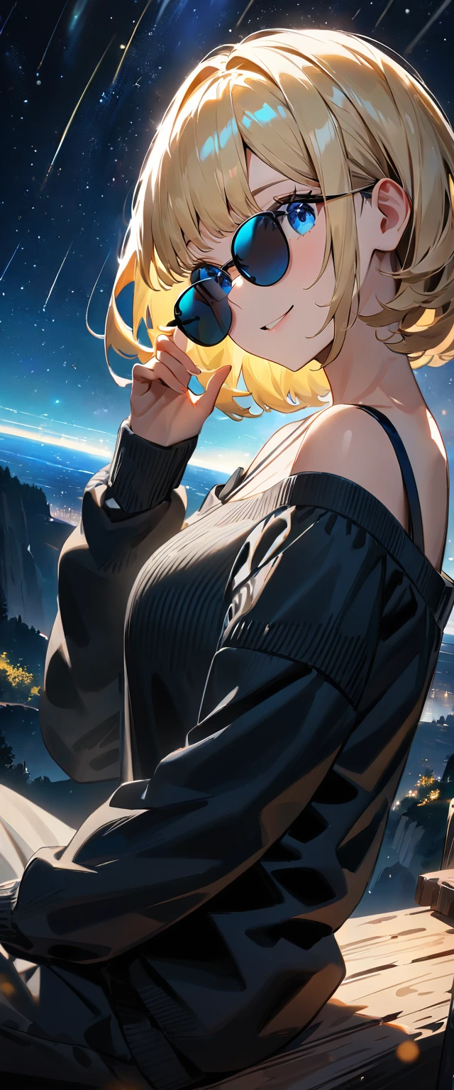 ((grin)), ((off-shoulder sweater:1.3, Quite thick shoulder straps)), ((black sweater)), ((blond hair, bob cut:1.3)), ((sunglasses, hand to sunglasses)), (((from side))), ((((upper body)))), ((Leaning to side)), (((A meteor shower dancing in the night sky, countless stars twinkling in the clear air))), ((sitting on the very high cliff)), wavy hair, inward curled hair, ((sea, nature)), breasts, teenager, (looking at viewer), oversized clothes, puffy long sleeves, collarbone, head tilt:1.3, (((blue eyes))), happy smile, (((anime style))), (best quality, 4K, 8K, highres, masterpiece:1.2, ultra-detailed, ultra-detailed eyes, HDR, uhd, studio lighting, ultra-fine painting, sharp focus, physically-based rendering, extreme detail description, professional, vivid colors, bokeh)