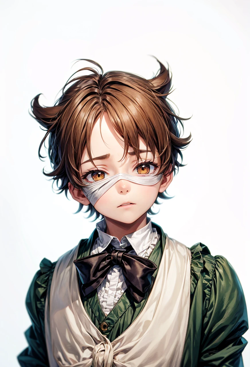 little boy,Youngh,Victorian Clothes,bandages over eyes,brownhair,tails, evil expression