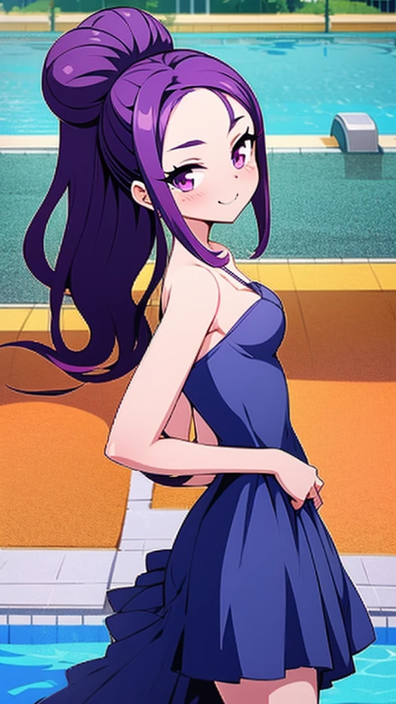 high tail hairstyle, Ponytail hairstyle, Long wavy black hair, standing posing, anime girl style, pixel art anime style,penetrating look with deep eyes,red and purple eyes, hair with a ponytail hairstyle trapped with a big red bun, Women, red hair clips, x color shaped hair clips , smiling face blush, next to the pool, one piece swimsuit, showing my ass to the camera, Black hair, parada next to the pool, sexy lingerie 