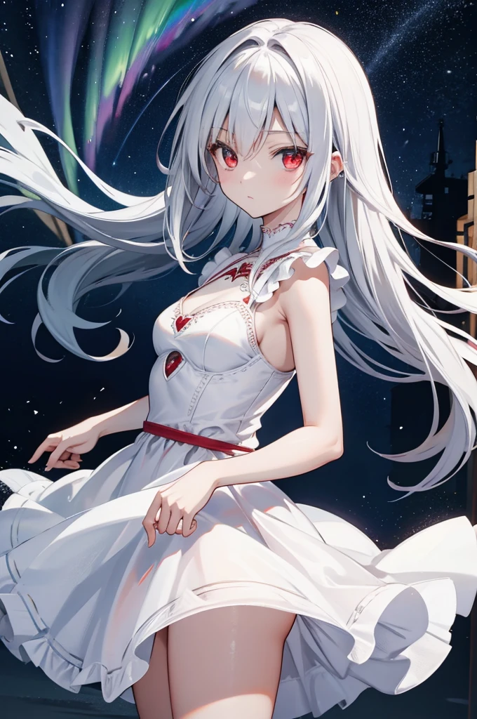 (masterpiece:1.3), (best quality:1.2), (8k, ultra detailed, ultra high res:1.3), anime style, perfect 5 fingers, perfect anatomy, 
1girl, small breasts, long hair, wavy hair, white hair, BREAK red eyes, dress, (white dress:1.5), looking at viewer, 
BREAK cowboy shot, BREAK (detailed background:1.1), outdoor, aurora, at night, Starry Night Sky with Shooting Stars, 