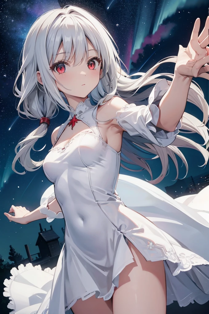 (masterpiece:1.3), (best quality:1.2), (8k, ultra detailed, ultra high res:1.3), anime style, perfect 5 fingers, perfect anatomy, 
1girl, small breasts, long hair, wavy hair, white hair, BREAK red eyes, dress, (white dress:1.5), looking at viewer, 
BREAK cowboy shot, BREAK (detailed background:1.1), outdoor, aurora, at night, Starry Night Sky with Shooting Stars, 