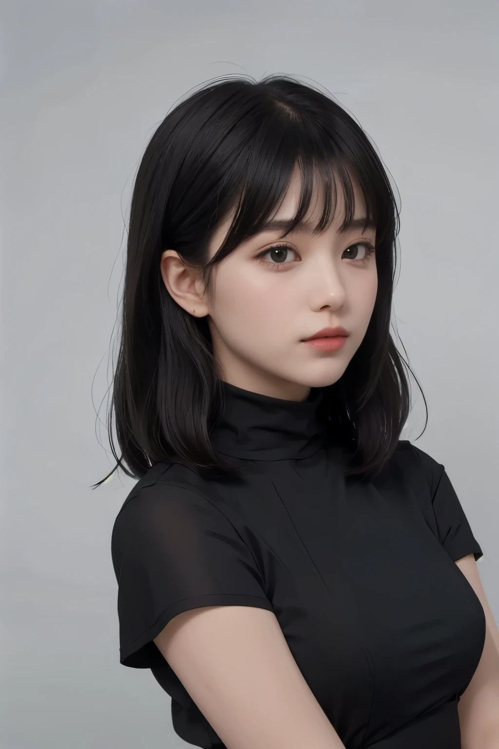 1 woman,hair with bangs,black long dress, ,white background,