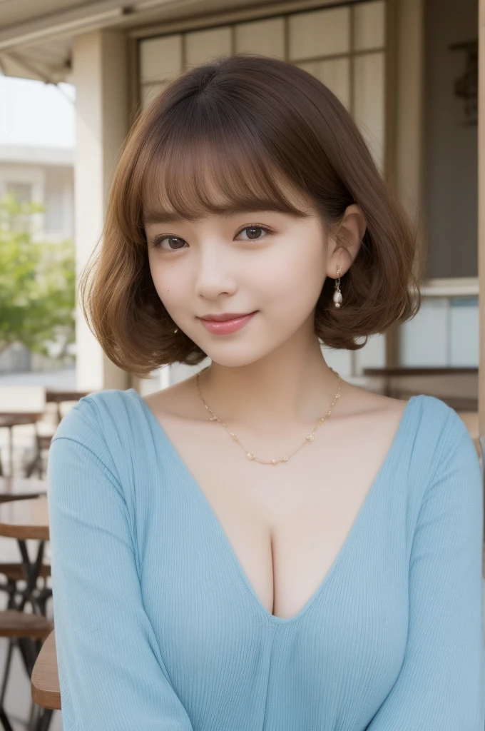 ((Best Quality, 8k, Masterpiece:1.3)), 40k, Perfect Body Beauty:1.4, cinematic lighting, curly hair, short hair, straight Bangs, wearing a light blue crewneck dress , 18 age , (sunny, street:1.2), (in front of cafe:1.2), Highly detailed face and skin texture, big eyes, Detailed eyes, Double eyelids, whitening skin, perfect face, mask,(huge breast, looking into the distance), (nighttime), smile,  earrings, necklaces, coffee on table, (a women sitting in front of cafe), 