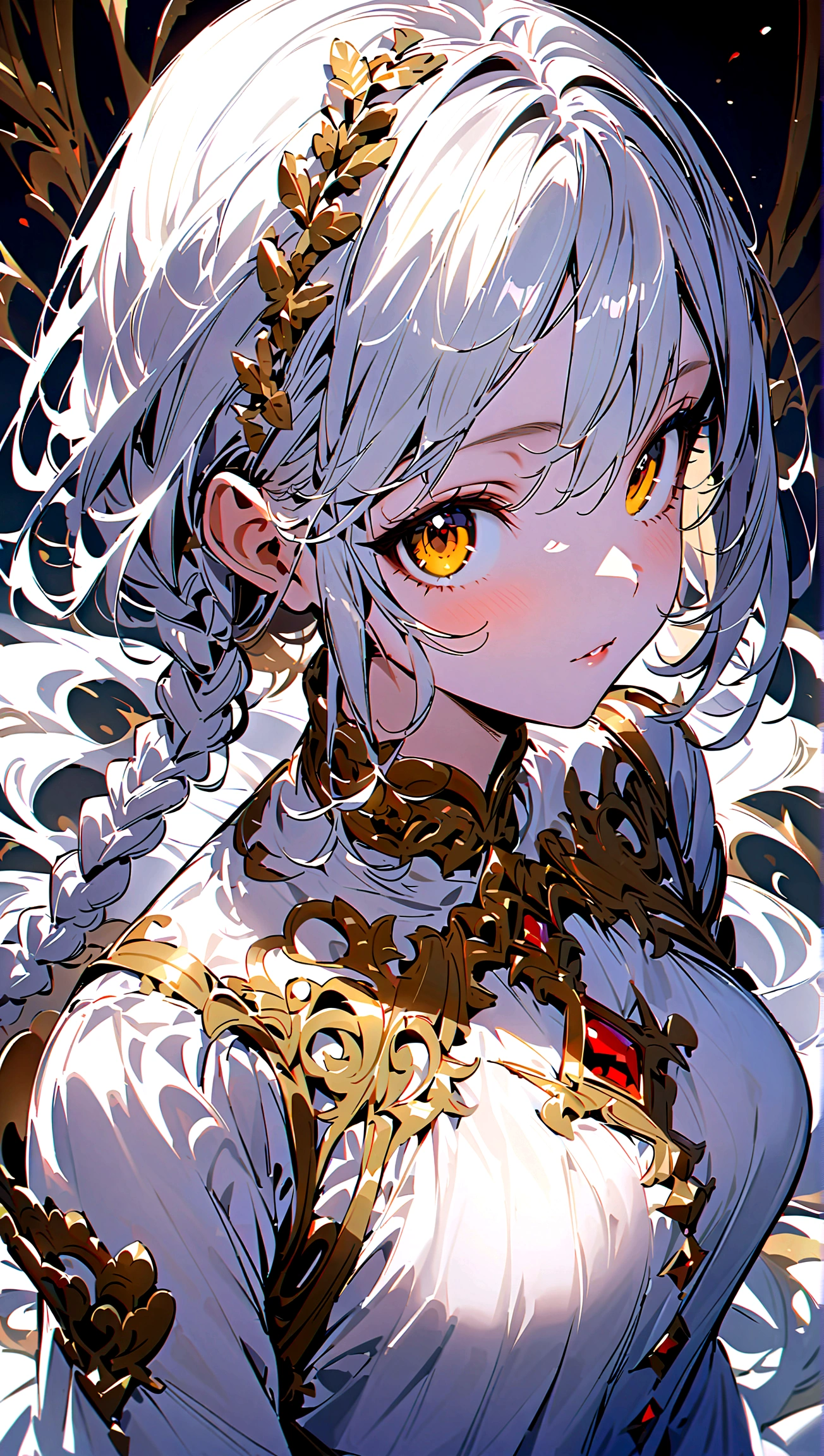 best quality, masterpiece,white hair, gold eyes,white clothes, looking up, upper body,hair strand,Fair skin,side braids