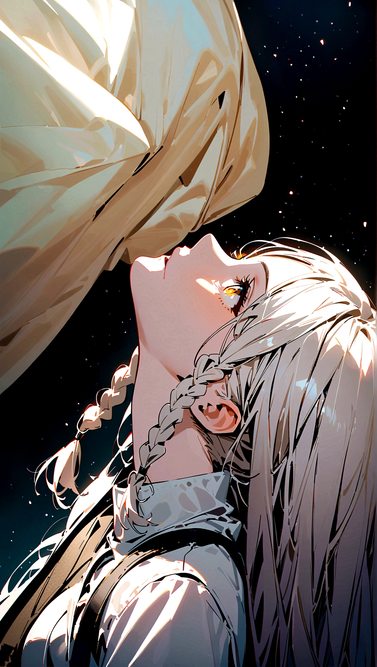 best quality, masterpiece,white hair, gold eyes,white clothes, looking up, upper body,hair strand,Fair skin,side braids