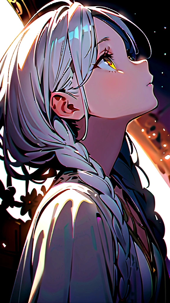 best quality, masterpiece,white hair, gold eyes,white clothes, looking up, upper body,hair strand,Fair skin,side braids
