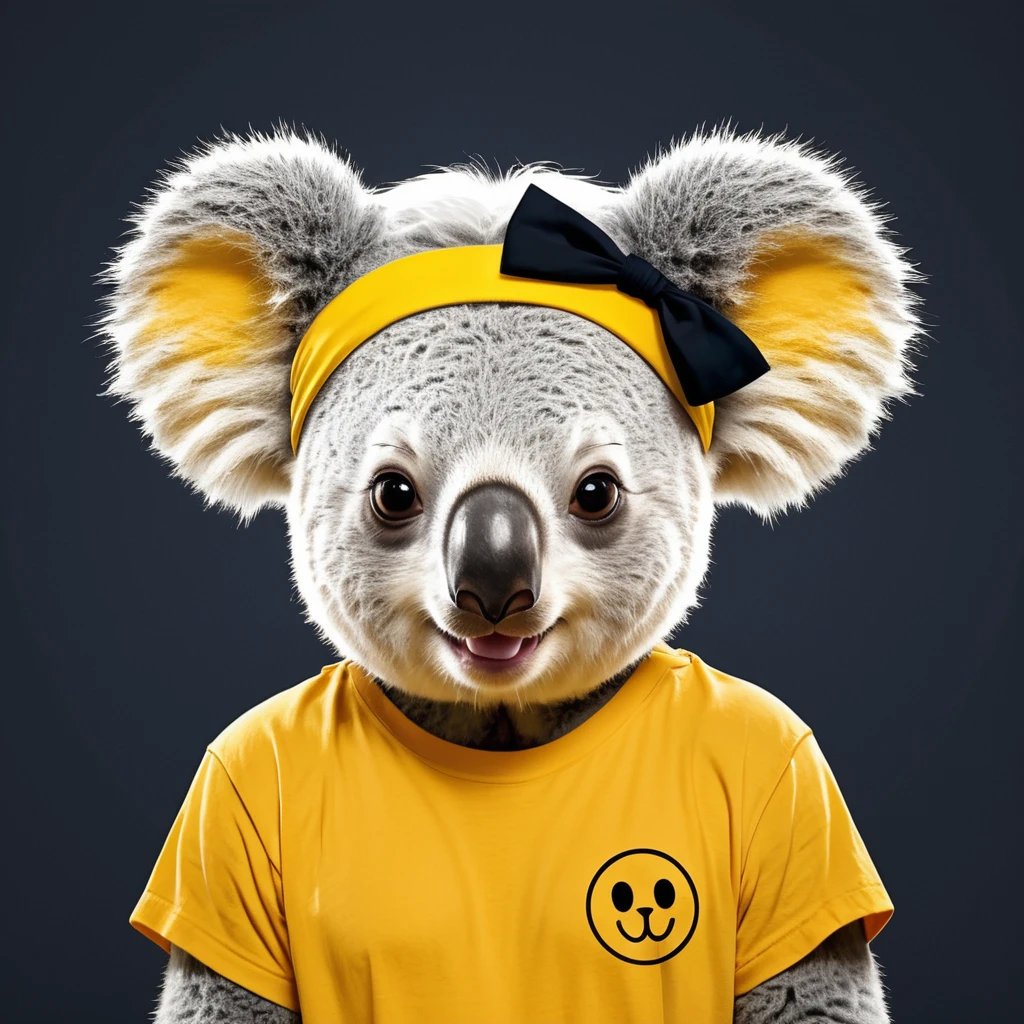Circular Orange Background,Center Placement Koala,Minimalist Line Drawing,Big round head and ears,Black eyes and a small nose,smile,Blue-gray bristles,Black T-shirt,White x mark on chest,Yellow headband,Head and upper body only,Clean black outline,No Shading,Cute expression,Enhance the contrast between the background and the characters,Vector formats