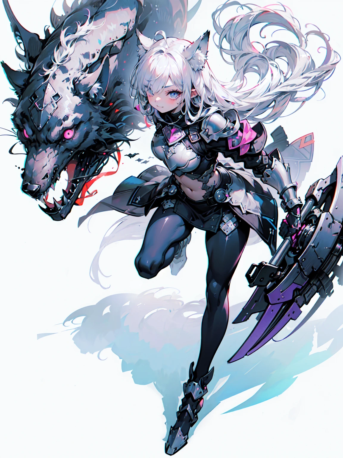 Abdominal musclesurdres ,1 Girl,strict,Silver Hair,Anxious woman ,Wolf Ears,blue eyes,Abdominal muscles,Muscular,Warrior princess in armor,
metal armor with breastplate,Leather skirt, leggings, Knee-high boots,Large battle axe and shield,Background of the valley between buildings、
Crown,Blake,(Aggressive Pose,Movie angle:1.3),(From above:1.2),Highest quality,Very detailed,Ultra-realistic, Perfect Anatomy,Five perfect fingers,Vibrant colors,wonderful,Ultra-fine illustrations、Blake、(Dark Elf), (1 Girl), alone, Perfect Face, Get used to it, Ahoge, ((Long Hair:1.2)), (Hair above one eye:1.3), [[Messy Hair]], Shiny blonde white hair, Purple eyes, Variegated eyes, Colorful Hair, Shining Eyes, (eyelash, eye shadow, pink eye shadow), bright, smile, Design Art：haruhiko mikimoto, by Kawashi, By Yoshitaka Amano, Dark Skin
