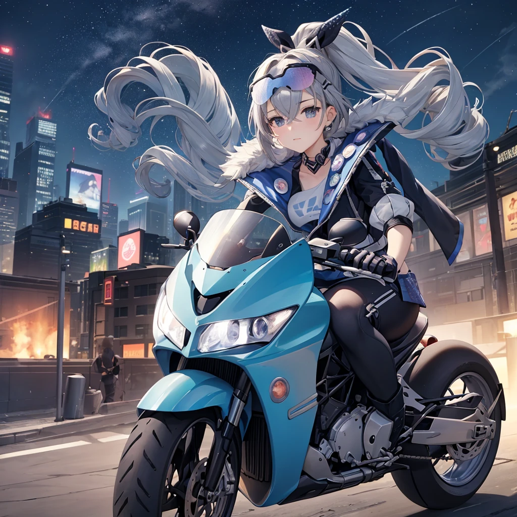 masterpiece, Highest quality, (1 beautiful girl :1.2), Silver Hair, 24-years-old, , Standard weight, Riding on motorcycle、