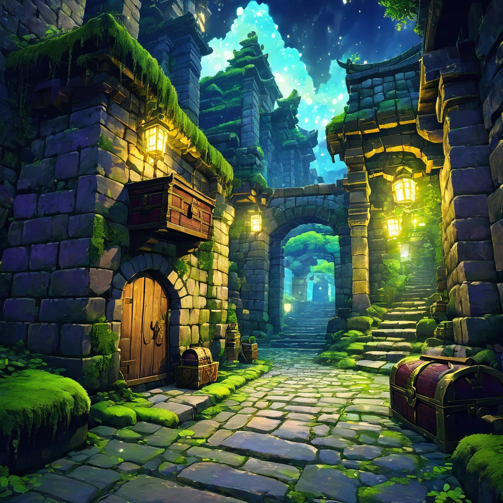 Beautiful game world,Fantasy,Furai no Shiren,ancient ruins,Dungeons,First Person View,dim,Mysterious atmosphere,Cobblestone Street,Mossy wall,ancient writing,Glowing Treasure Chest,hope,adventure,Shiren's Point of View,A look of expectation